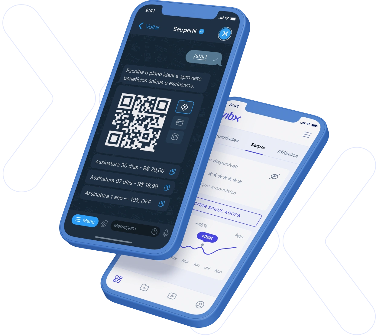 Ilustração Vibx mostrando o dashboard da plataforma e bot no Telegram com opções de planos para contratação